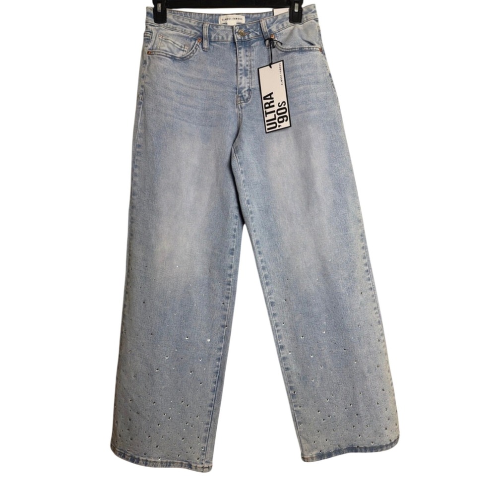 NWT Almost Famous 90s Jeans Juniors 11 Light Wash Sparkle Wide Leg Flare Baggy